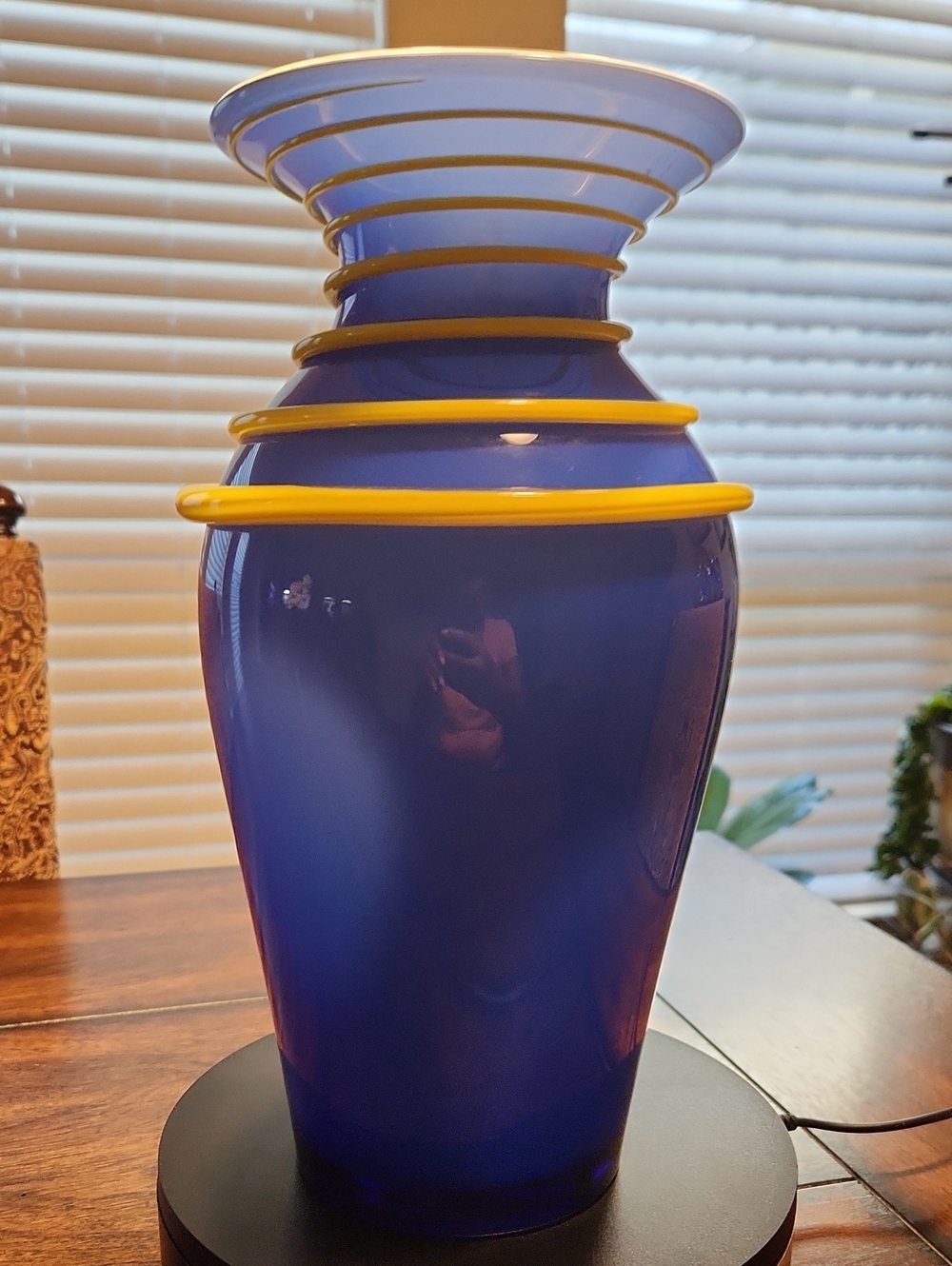Carlo Moretti Murano Attributed Glass Vase -Cobalt with Yellow Spiral Wrap. 4lb
